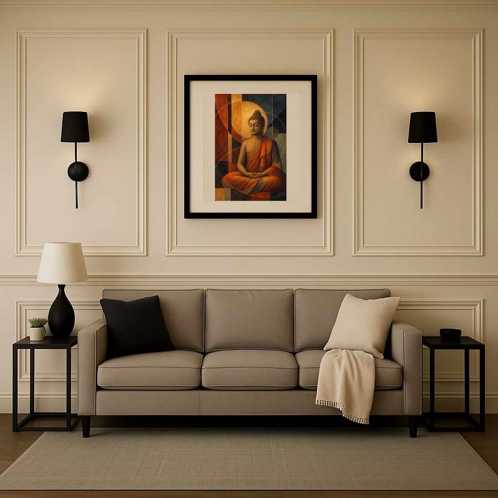 Buddha in Golden Stillness — room view 1 in the White frame