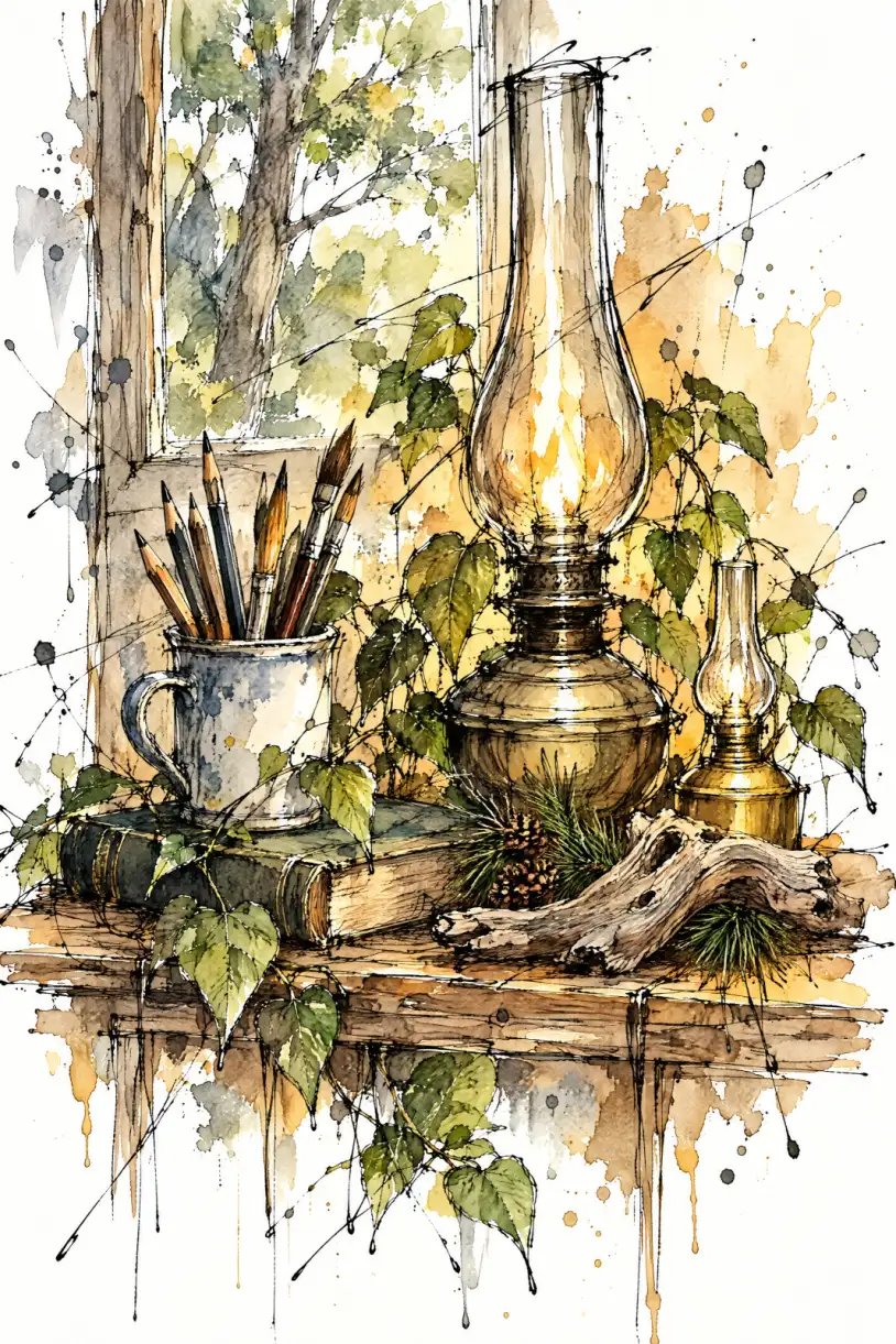 Portrait-format still life with a tall glowing oil lamp at the centre and a smaller lamp to its right. A pale mug holding brushes rests on stacked books to the left, beneath a window overlooking a leafy tree. Trailing green leaves weave around the objects