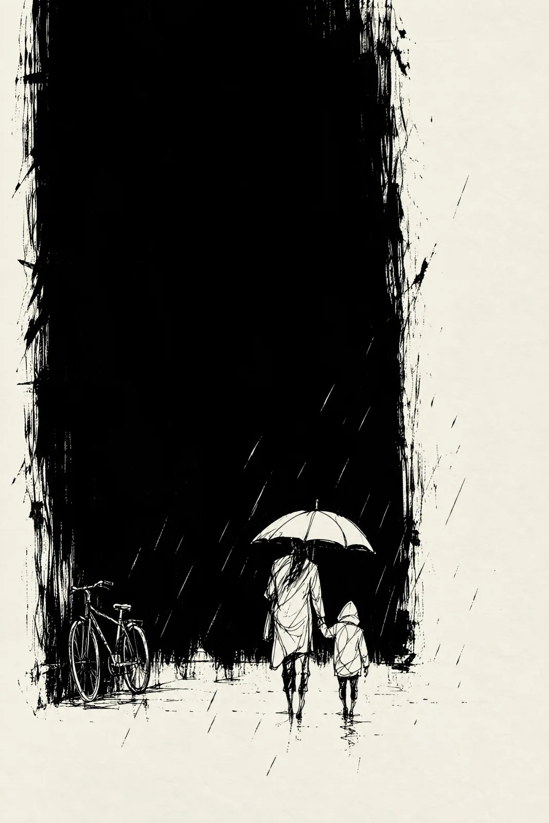 Portrait-format black and ivory artwork showing an adult and a hooded child from behind, holding hands as they walk through rain. The adult carries a pale umbrella, and a bicycle stands at the lower left. A large black field with ragged, brush-like edges