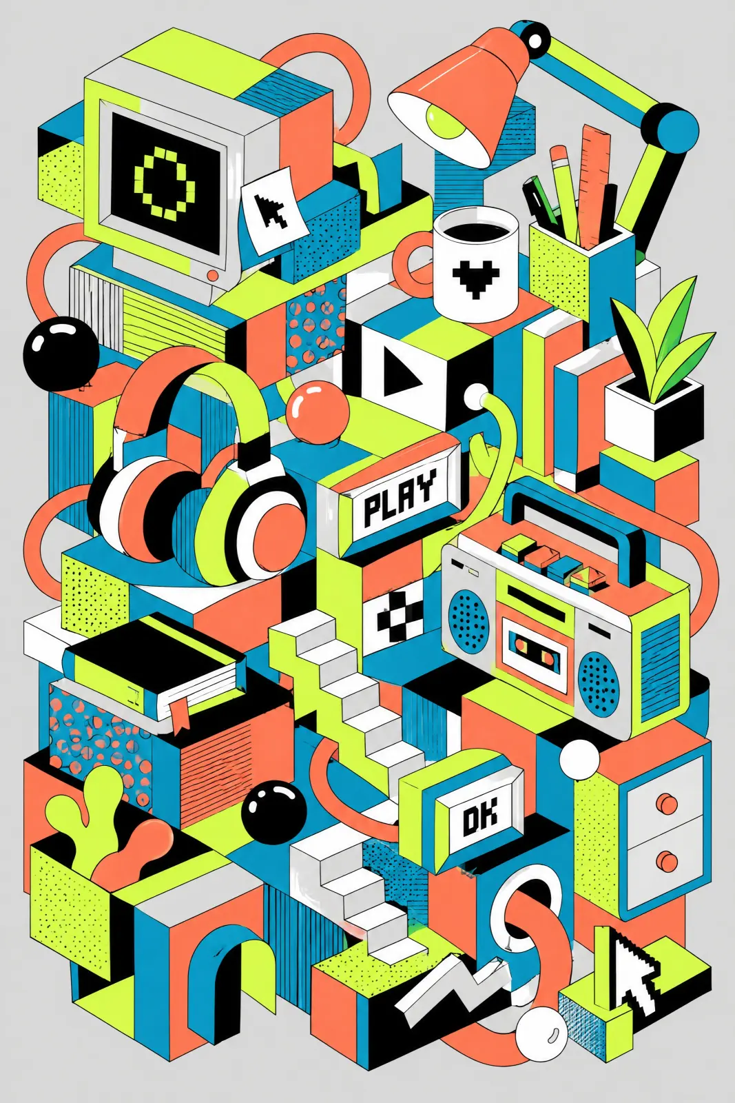 Portrait illustration of a towering imaginary workstation on a light grey ground. A retro monitor sits at the upper left and an angled desk lamp at the upper right, above a coffee mug, stationery holder and leafy plant. Large headphones, books and a casse