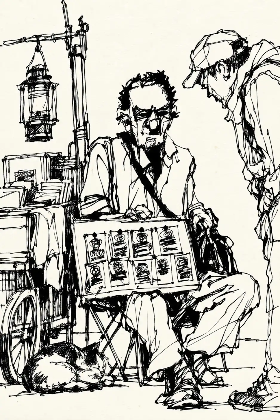 Portrait-format black line drawing on an ivory ground showing a seated man with a display board of small illustrated cards across his lap. A second man wearing a cap bends towards him from the right. A lantern hangs above a cart on the left, and a cat sle