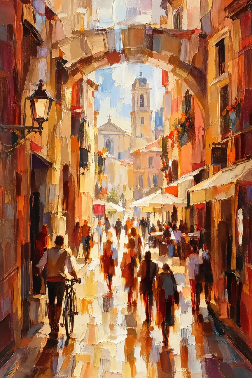 Portrait-format street scene rendered in broad, textured-looking strokes. Tall orange and ochre buildings flank a sunlit lane, with a stone arch crossing overhead and a pale church façade and bell tower beyond. A black wall lantern hangs on the left; flow