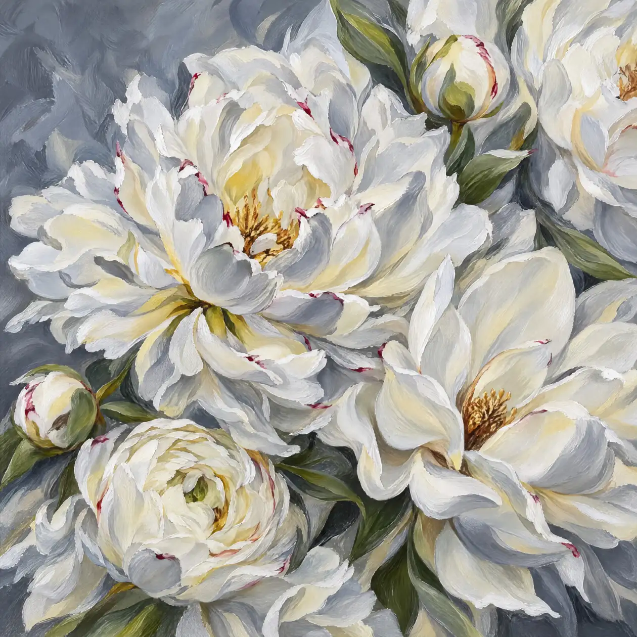 Close-up floral composition with a large open ivory-white bloom at upper left, another at lower right, a rounded flower at lower left and small buds between them. Olive-green leaves weave through layered petals shaded grey and pale yellow, with golden-bro