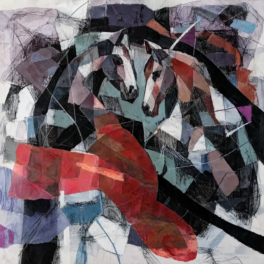An abstract composition of two horses with lowered heads facing inward near the upper centre. Their faces and necks are broken into angular black, white, grey, mauve and blue-green shapes. Broad red and rust-coloured forms sweep across the lower half, wit
