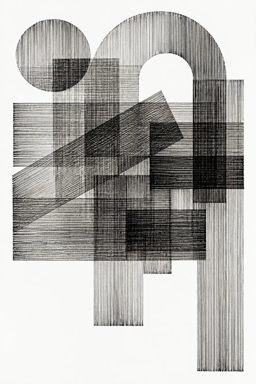 Portrait-format monochrome abstract artwork with a striped circle at the upper left and a large arch across the upper right. Horizontal and vertical rectangles overlap throughout, crossed by a broad diagonal band rising from the lower left towards the cen