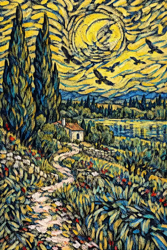Portrait landscape with tall dark cypresses on the left and a pale winding path between stone walls and dense blue-green plants dotted with red flowers. A small cream house with a reddish tiled roof stands beside the path. Water reflects yellow and blue b