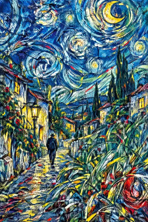 Portrait-format artwork showing a lone dark-clothed figure on a village lane, with a glowing lantern and houses on the left, dense pointed foliage on the right, and tall slender trees beyond. Large spirals of blue, white and yellow surround stars and a cr