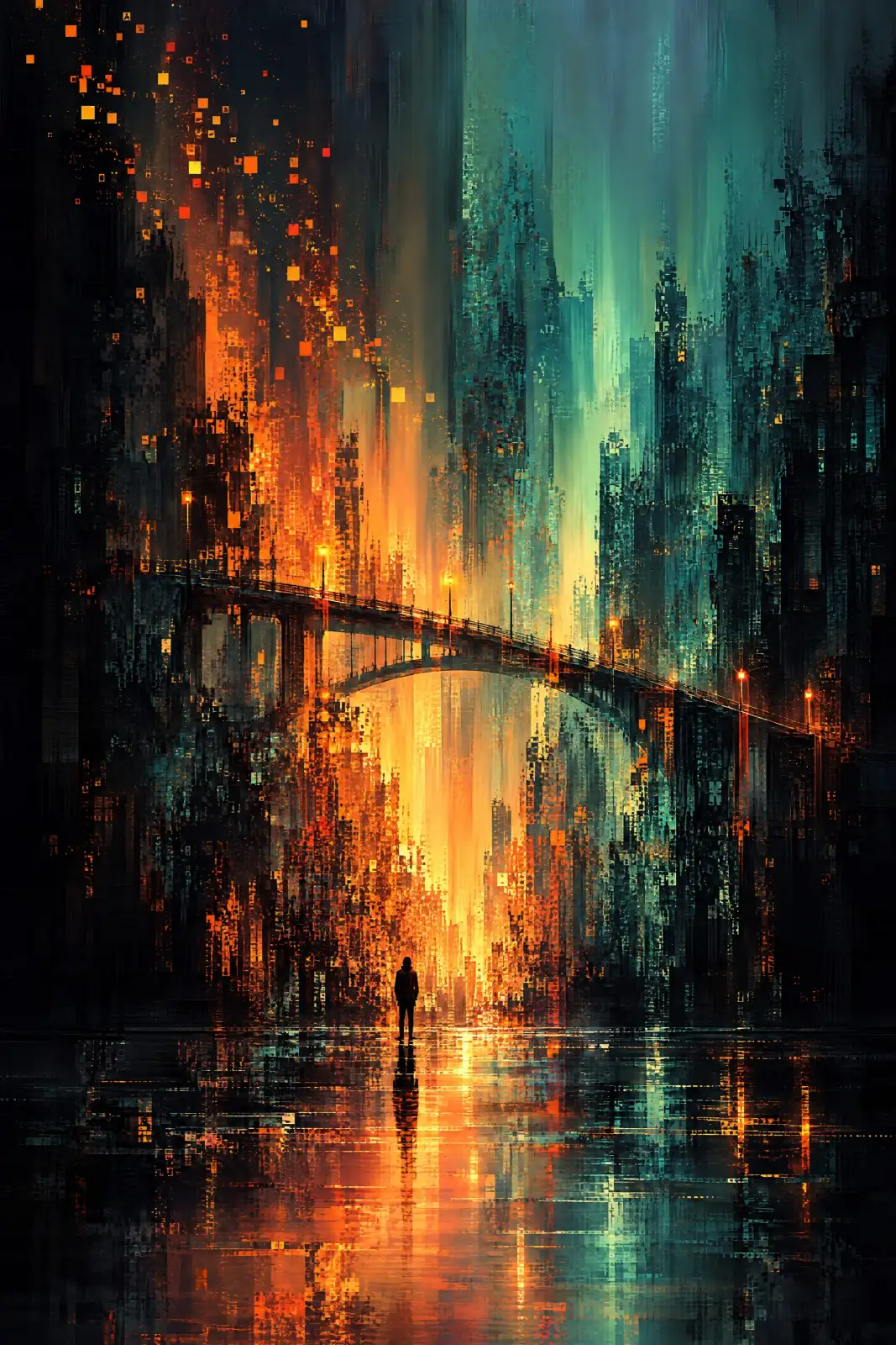 Portrait-format imagined cityscape with a small dark figure near the bottom centre, standing on a reflective surface. A lamp-lined bridge crosses above the figure between tall, fragmented buildings. Orange and golden light glows through the centre and lef