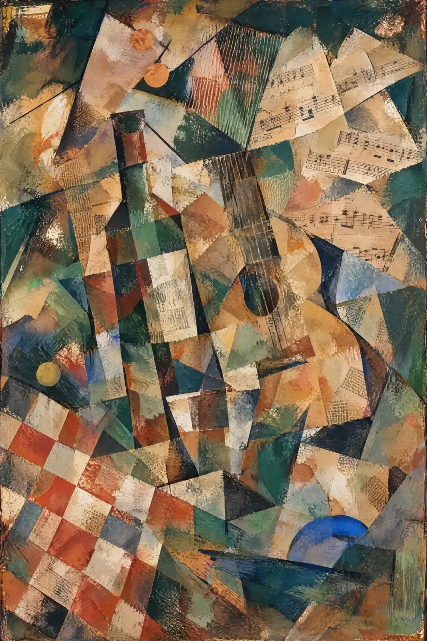 Portrait-format abstract still life with a guitar slightly right of centre, its strings and dark sound hole visible among overlapping angular shapes. A tall, segmented bottle-like form stands to the left, while cream fragments bearing musical notation spr