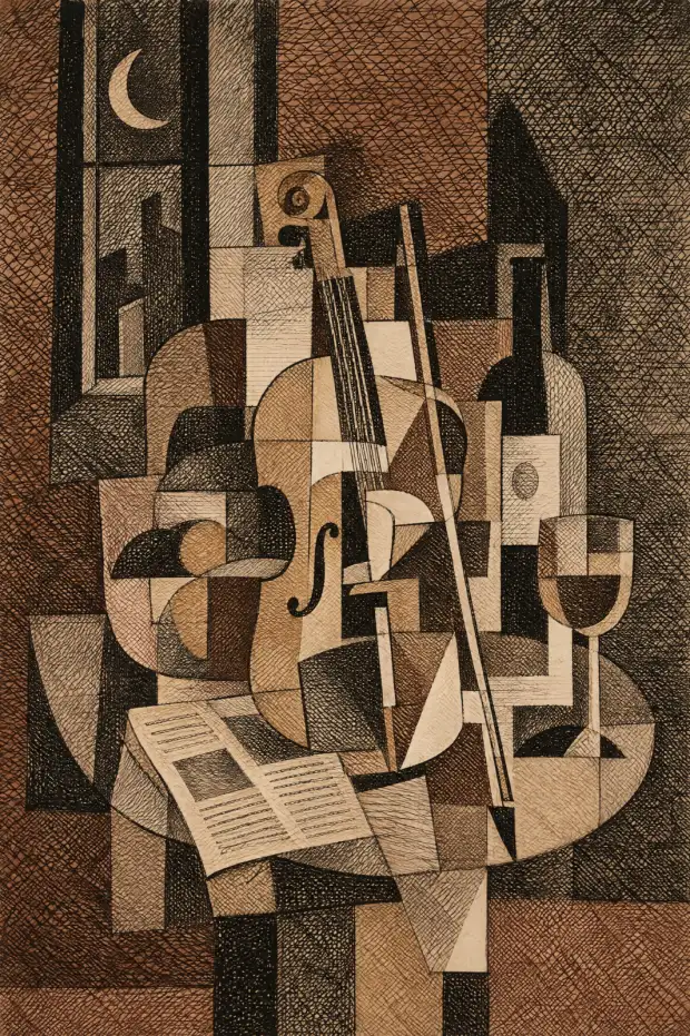 Portrait-format cubist-style still life in earthy browns, cream and black. A string instrument with a curled scroll and curved sound hole stands centrally, with a long bow leaning diagonally beside it. Sheet music lies across the lower left of a fragmente