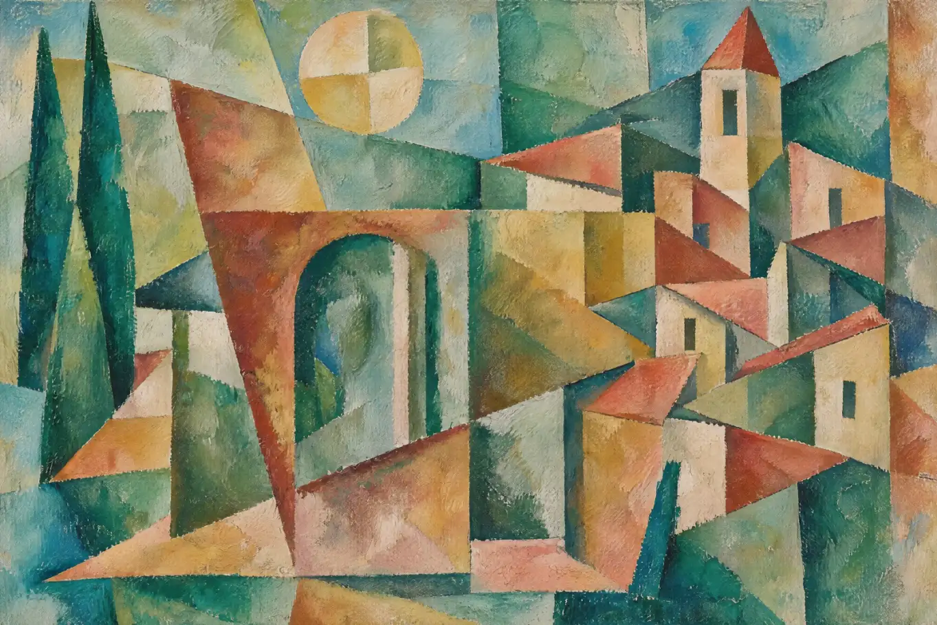 Landscape-format geometric village scene with two tall, dark green cypress-like trees on the left, a large arch near the centre and tightly clustered houses on the right. Terracotta triangular roofs overlap cream and ochre walls, with a pointed-roof tower