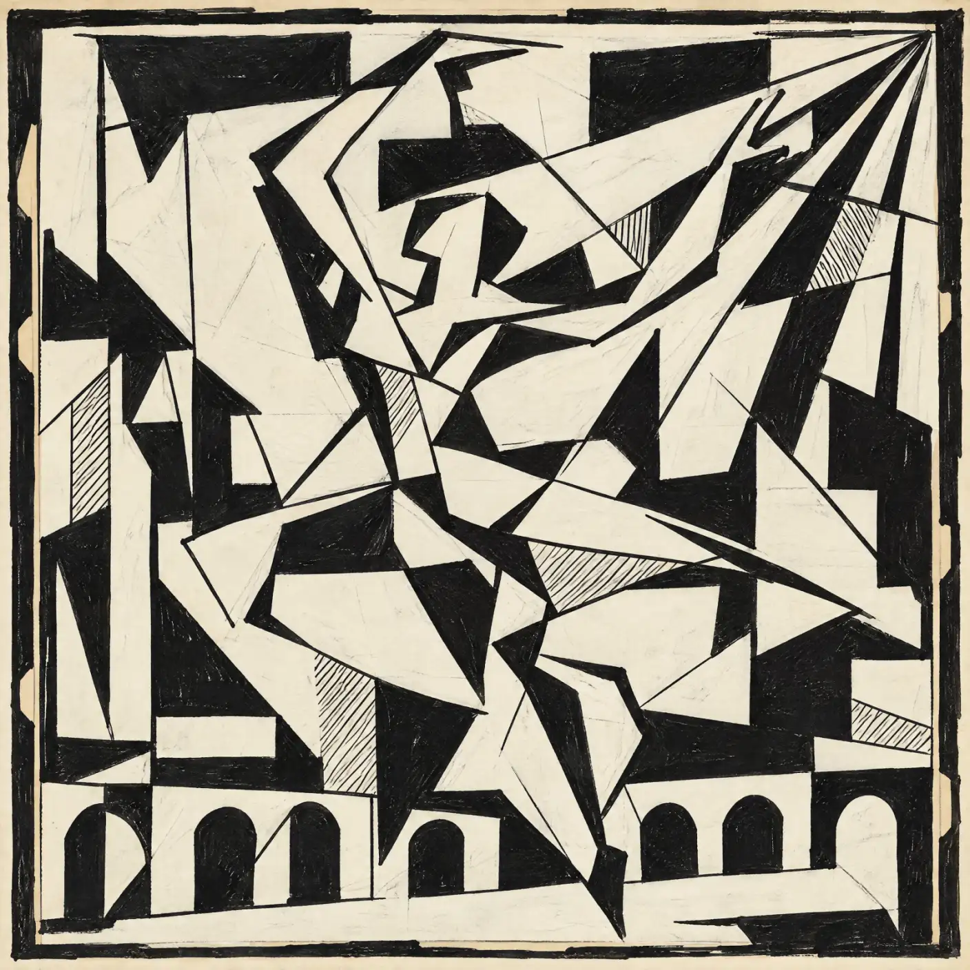 Nearly square black-and-ivory abstract composition with overlapping triangles, jagged polygons and long intersecting diagonal lines. Small areas of parallel hatching punctuate the solid black shapes, while rounded arch-like openings line the bottom. A rou
