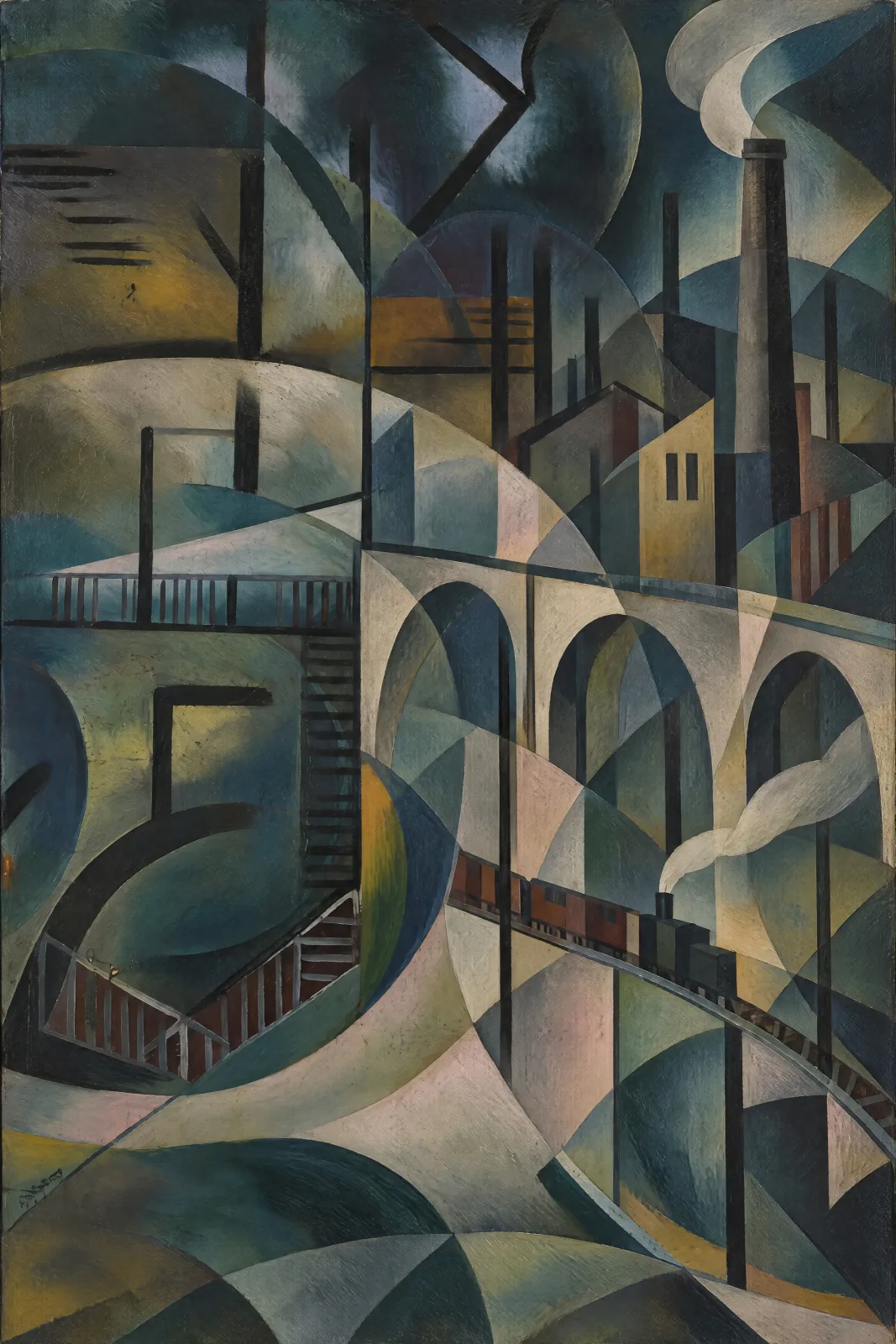 Portrait-format geometric cityscape with tall factory chimneys, pale curling smoke and angular buildings above a cream-coloured arched viaduct. A small steam train follows a curved track across the lower right, while stairs and railings descend on the lef