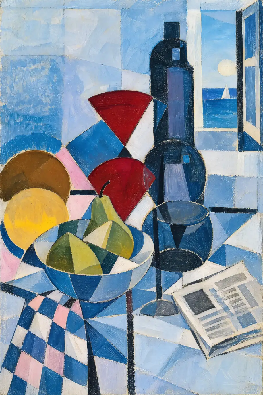 Portrait-format, geometric still life in predominantly blue and white. Two faceted green-yellow pears sit in a blue-and-white bowl at the front of a table, with a checked cloth falling down the left side. Dark bottles and a stemmed glass rise behind and b