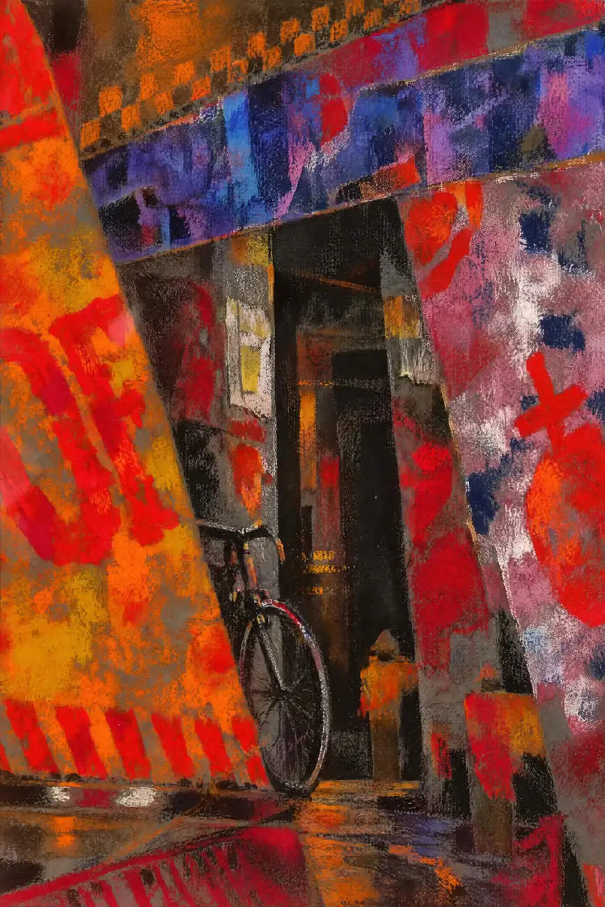 Portrait-format artwork of a bicycle partly concealed beside a tall, dark doorway. A sloping orange wall covered in red marks fills the left side, while a pink and grey wall with red and navy patches stands on the right. An indigo and violet band crosses