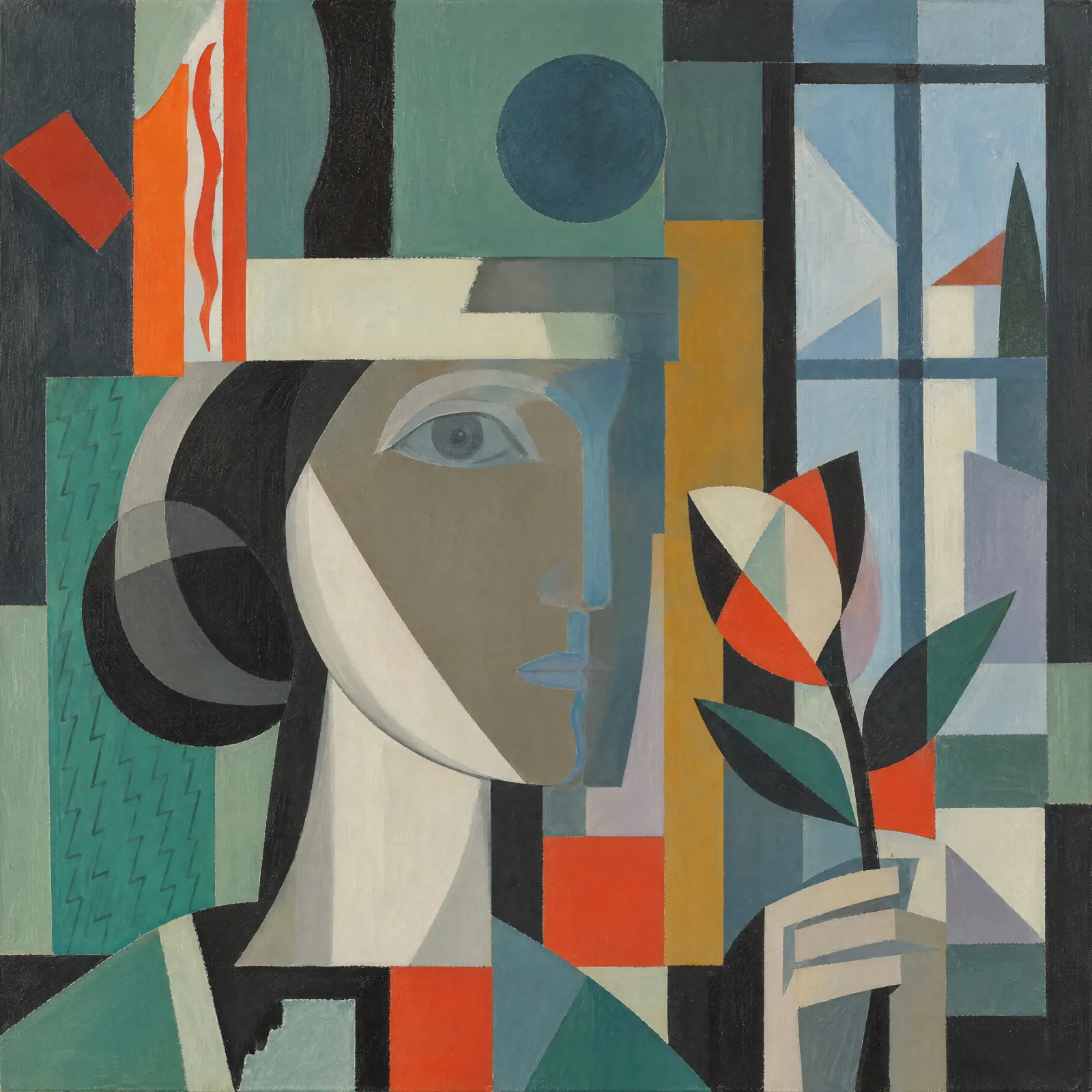 Geometric portrait of a figure with dark, looped hair, one prominent eye and an elongated face divided into cream, grey and blue planes. An angular hand holds a flower with orange-red, cream and dark petals and pointed green leaves. Behind the figure, col