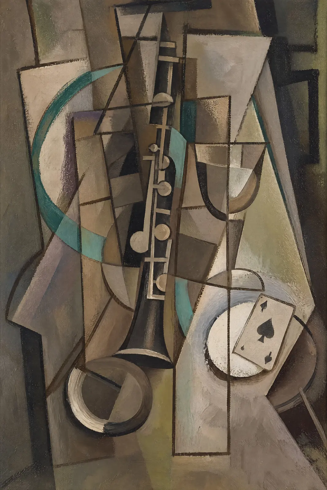 Portrait-format cubist-style still life with a long black clarinet and pale circular keys running down the centre. A fragmented stemmed glass stands to its right, above a tilted spade playing card resting over a pale circular form. Overlapping brown, oliv