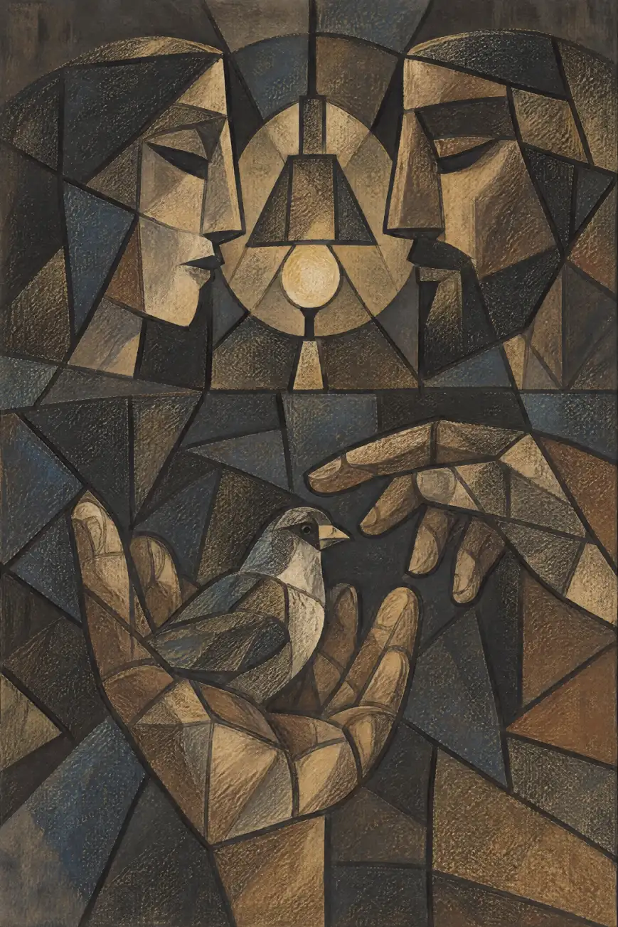 Portrait-format, cubist-style artwork showing two inward-facing heads above a small bird held in a large open hand, with another hand reaching towards it from the right. A hanging lamp with a pale bulb sits between the faces. Strong black outlines divide