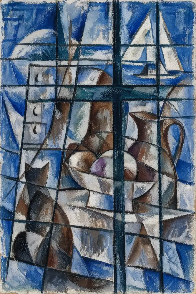 Portrait-format, cubist-style composition crossed by dark vertical and horizontal lines. A bowl of rounded fruit sits near the centre, a tall brown-and-white handled jug stands to its right, and an angular seated cat occupies the lower left. A white-saile