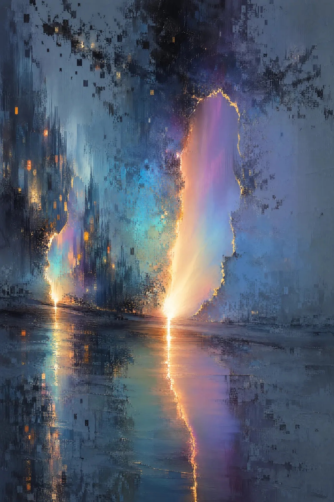 Portrait abstract artwork in slate blue and near-black, with a tall glowing opening right of centre and a smaller one on the left. Gold-edged shapes contain lilac, peach and turquoise light, reflected across a dark horizontal foreground. Small rectangular