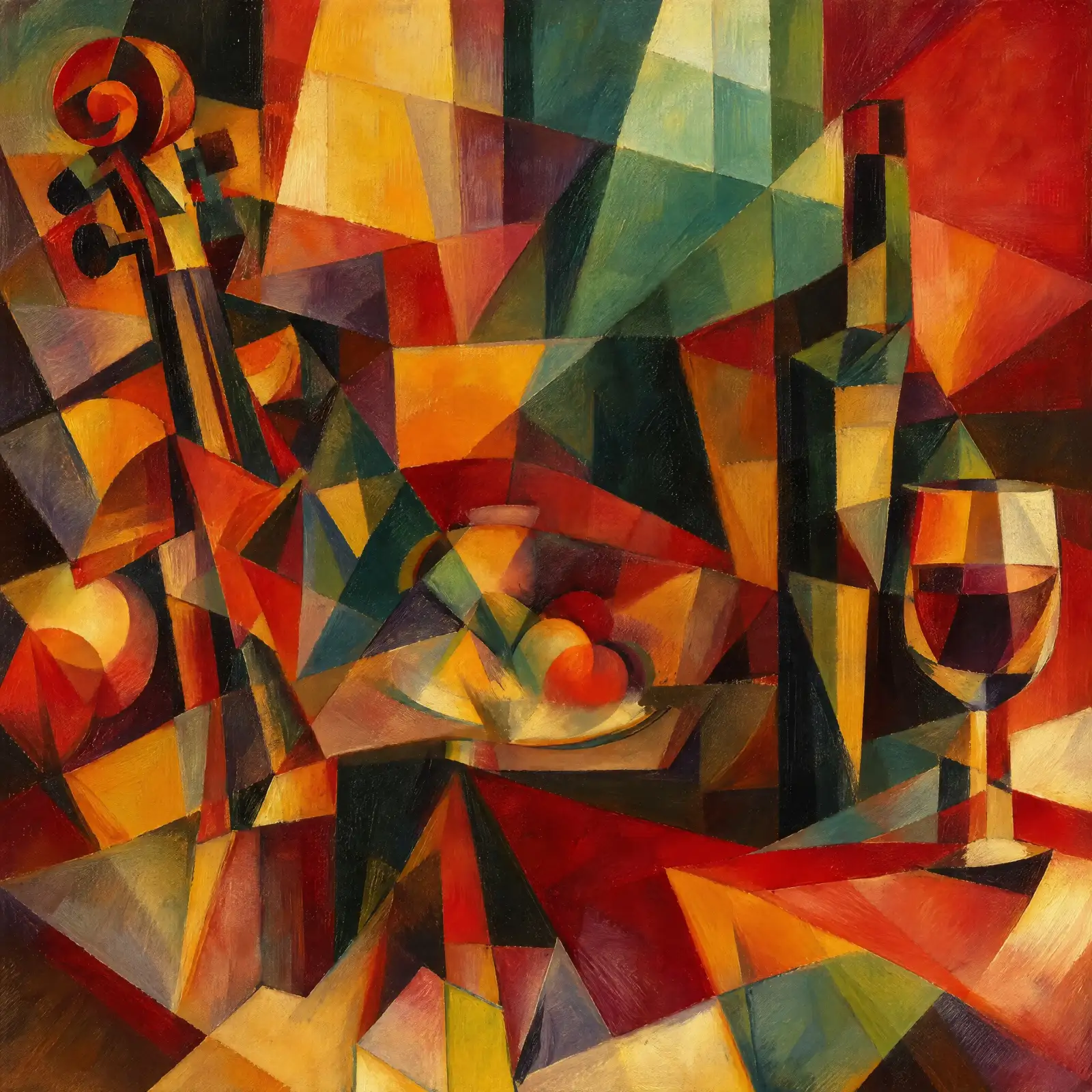 Square cubist-style composition with a large bowed string instrument on the left, its curled scroll near the top, a tall angular bottle on the right and a stemmed glass containing dark red liquid in the lower right. A plate of rounded fruit sits near the