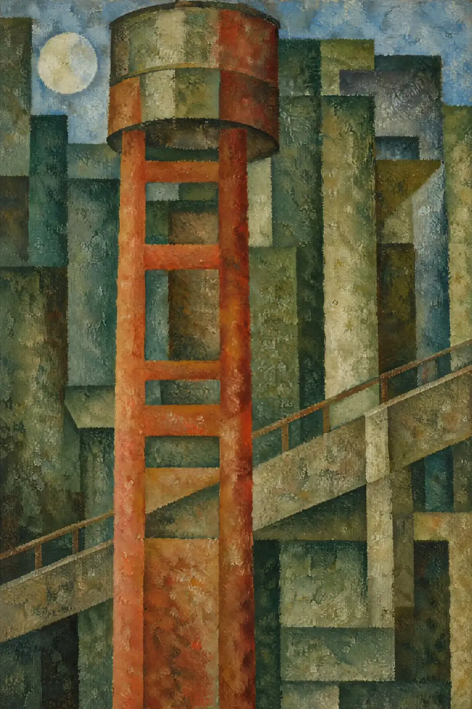 Portrait-format geometric cityscape dominated by a rust-orange tower supporting a cylindrical tank. Block-like buildings in olive, dark green, cream and blue-grey fill the background. A railed elevated walkway rises diagonally from the lower left towards