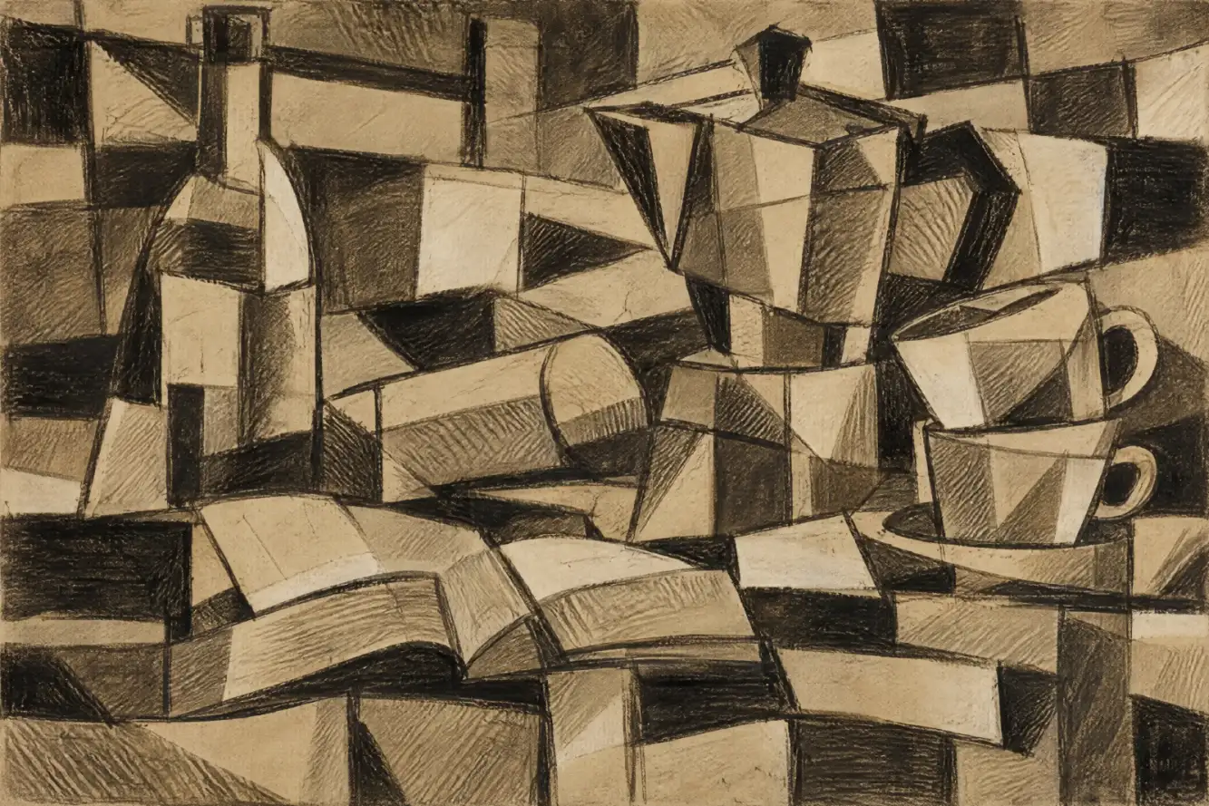 Landscape-format still life in tan, brown and near-black. A tall bottle stands at the left, an angular coffee maker occupies the centre-right, and two cups sit one above the other at the right. An open book spreads across the foreground, with a rounded fo