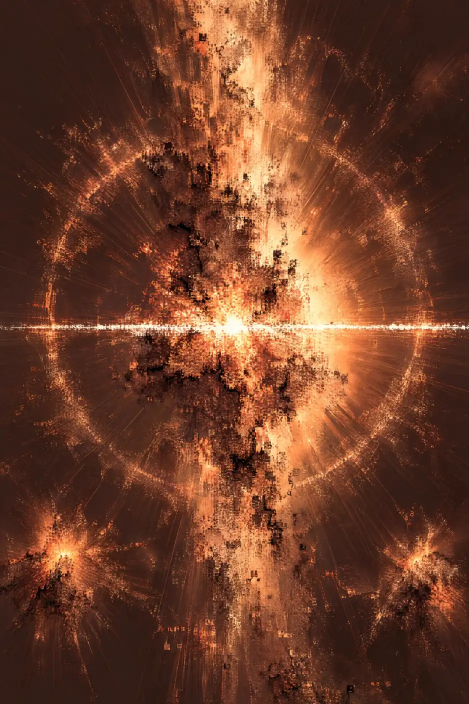 Portrait abstract artwork on a dark brown ground, with a jagged copper-orange and pale gold column running vertically through the centre. A thin bright horizontal line crosses a luminous point within a large broken ring, while fine rays spread outwards an