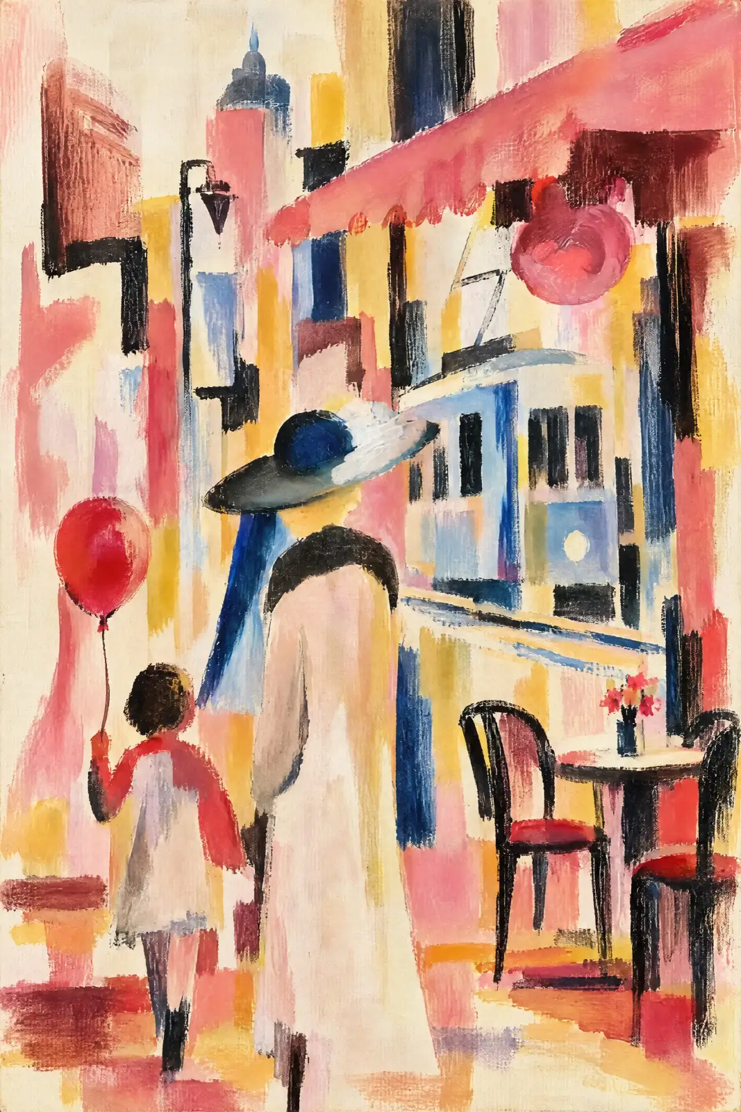 Portrait-format street scene showing an adult and child from behind. The adult wears a long cream coat, a wide hat and a blue scarf; the child holds a red balloon. At the right, two dark café chairs with red seats flank a small round table with flowers be