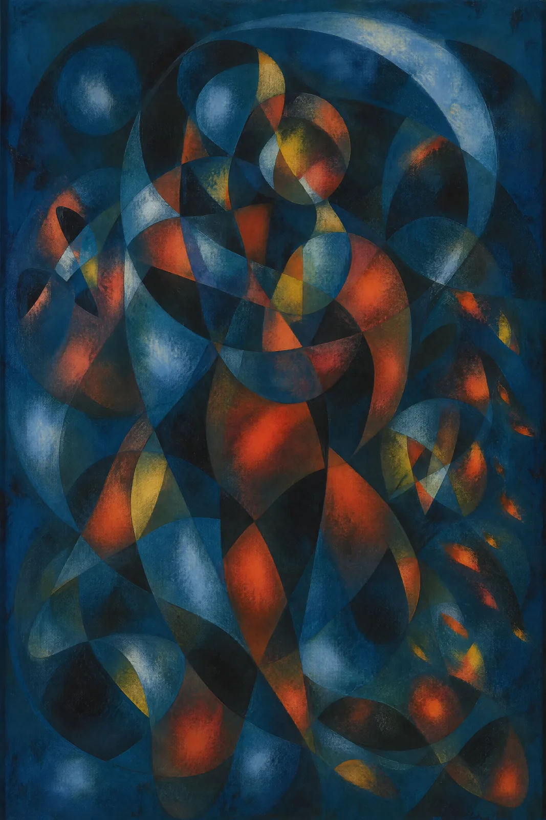Portrait-format abstract artwork filled with overlapping curved bands, oval forms and pointed shapes. Deep blue and near-black dominate, with scattered rust-orange and ochre patches and softly textured pale-blue highlights. A broad light-blue arc sweeps a