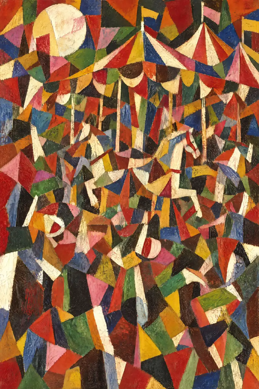 Portrait-format artwork of a crowded fairground rendered in interlocking geometric fragments. Striped peaked carousel canopies fill the upper half, with pale horses and vertical poles below them. Angular figures crowd the foreground, while a large cream c