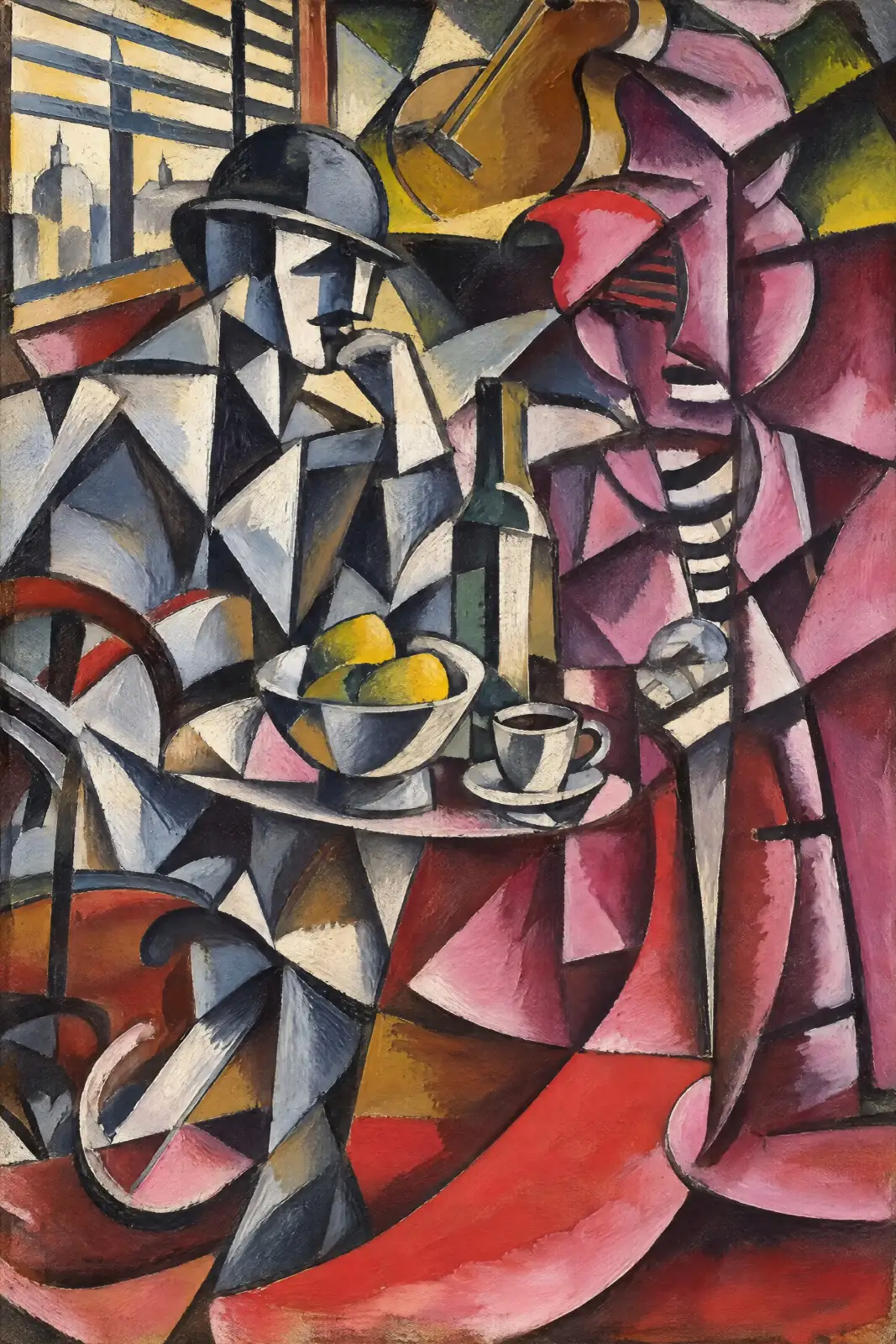 Portrait-format, cubist-style composition of two figures at a small table. The left figure wears a rounded dark hat and grey clothing, resting a hand near the face; the right figure is fragmented into pink and plum planes with a striped chest. A green bot