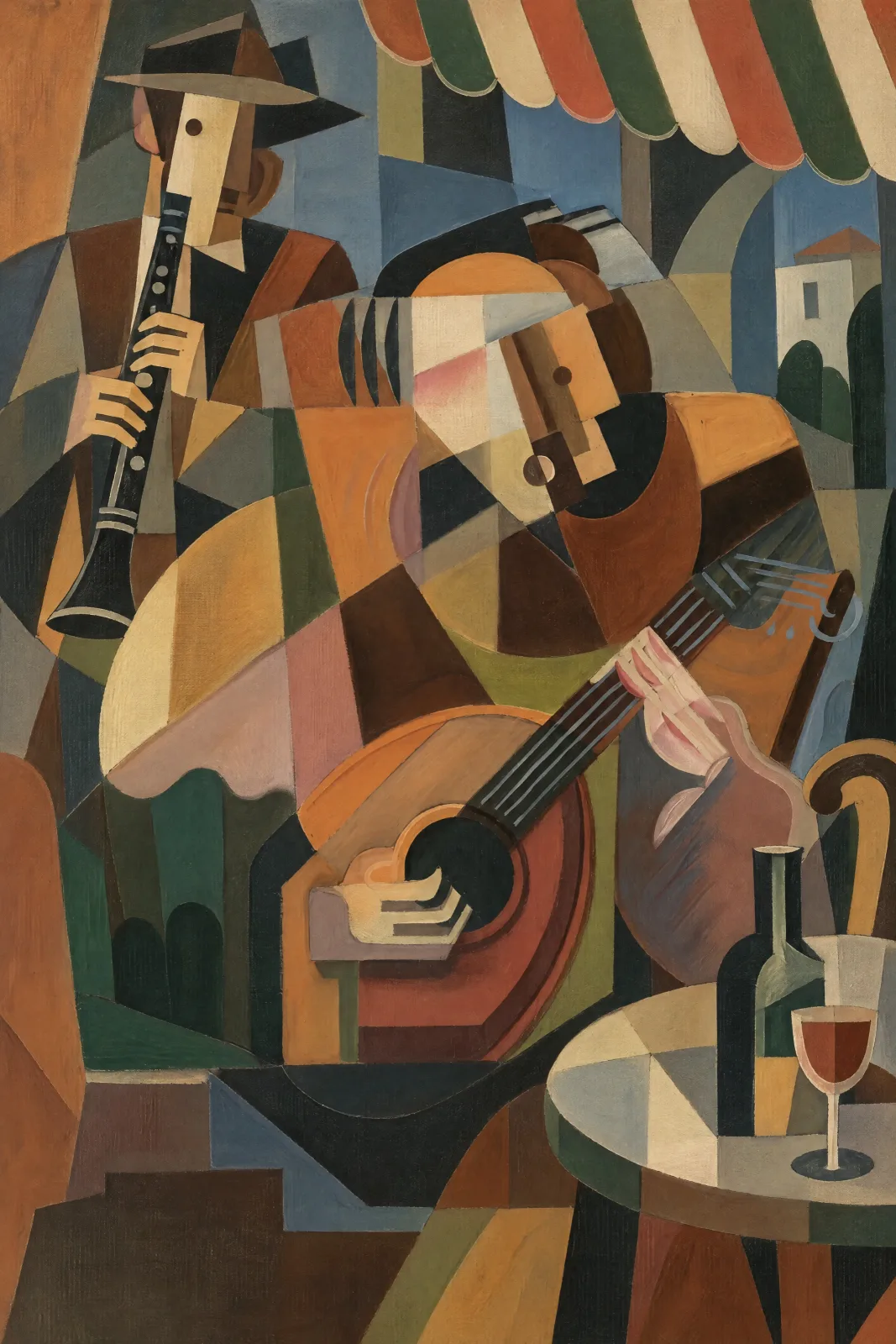 Portrait-format, Cubist-style artwork of two café musicians. A hat-wearing clarinet player stands at the upper left, behind a larger seated figure holding a guitar diagonally across the foreground. Their faces, clothing and hands are broken into angular o