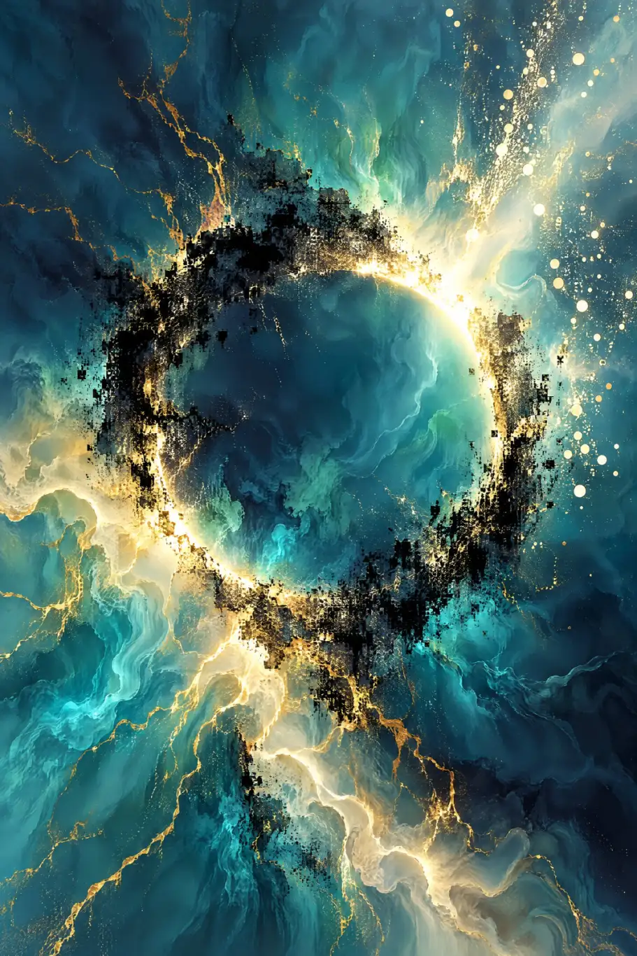 Portrait abstract artwork with a large, broken black ring around a deep teal centre. Cream and gold-coloured light traces its edge, with flowing turquoise and navy forms spreading across the background. Thin branching gold lines cross the surface, and pal