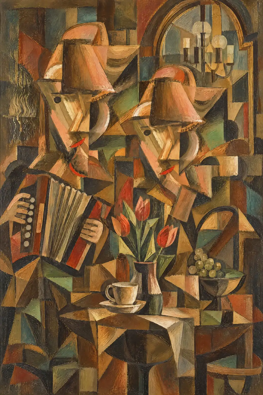 Portrait-format Cubist-style composition of two figures in broad hats, with long angular faces and small red mouths. The left figure holds an accordion with pale pleated bellows. A foreground table carries a cup and saucer, a vase of three red-orange tuli
