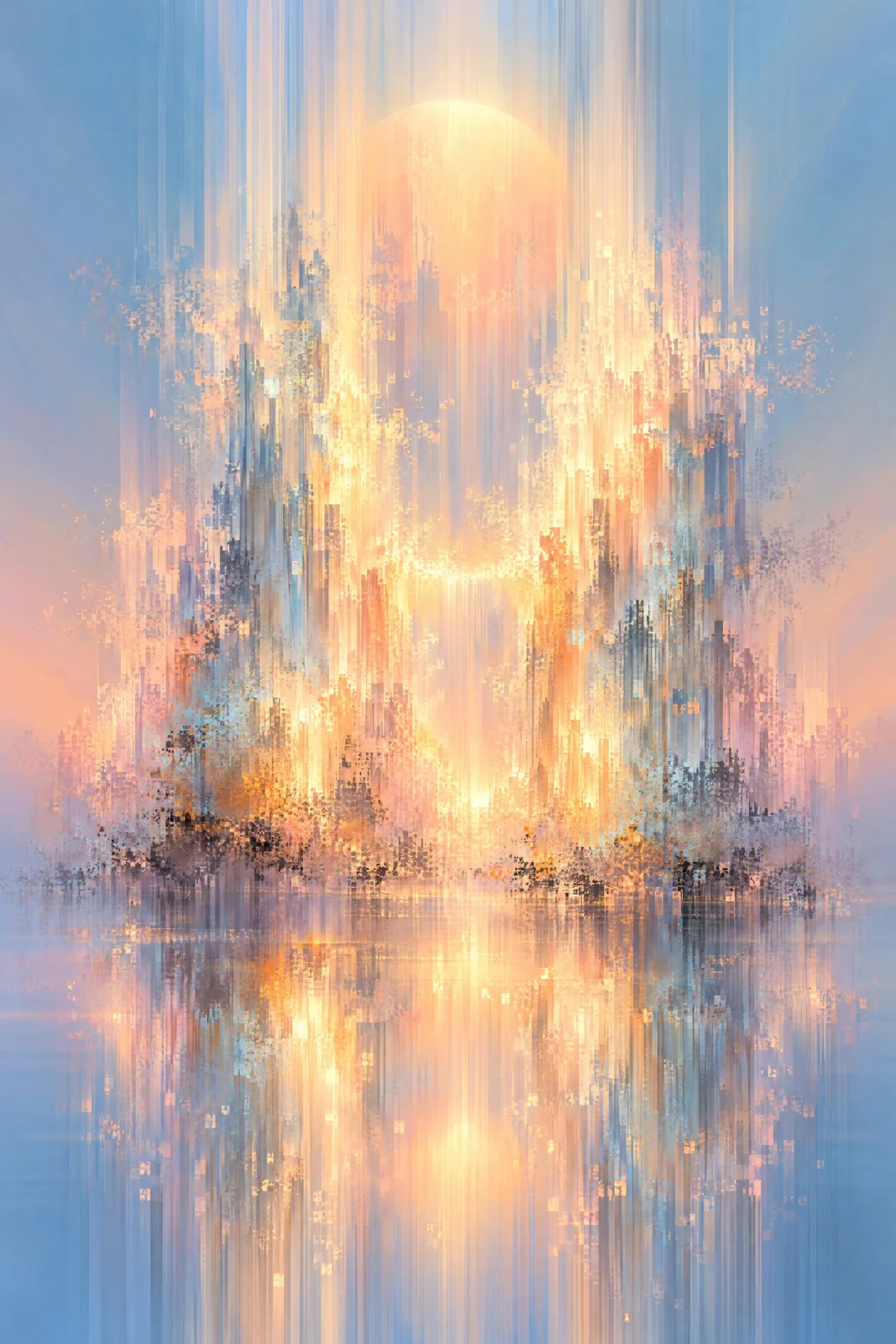 Portrait-format abstract artwork with a large pale golden sun-like circle near the top centre. Blue, peach and yellow vertical streaks form clusters resembling towers around a bright central opening. Dark grey fragments gather along a low horizontal band,
