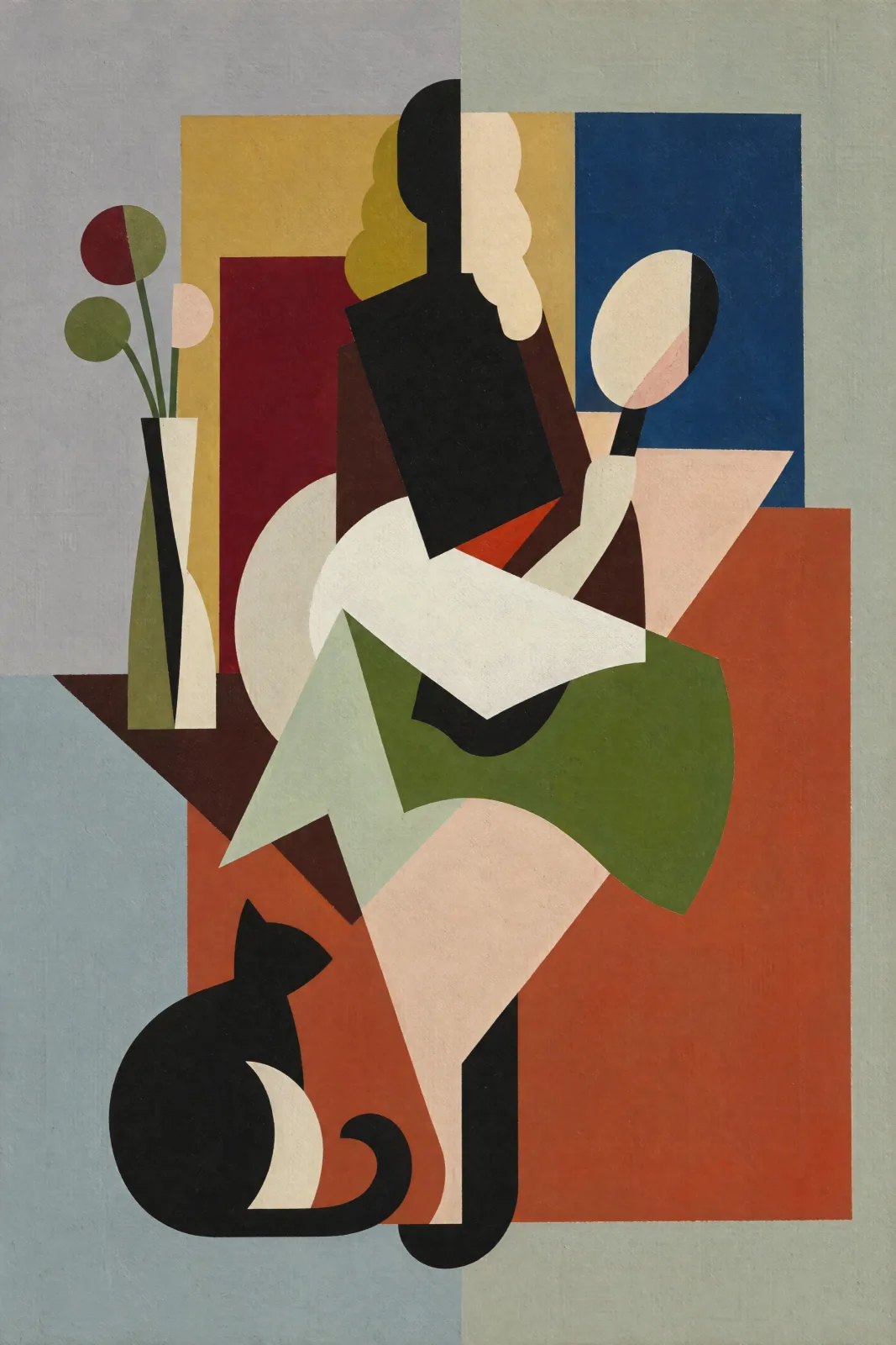 Portrait-format geometric artwork of a seated woman holding an oval hand mirror on the right. Her figure is assembled from black, cream, brown, pale pink and olive shapes, with pale hair falling beside a divided face. A tall narrow vase with three simplif