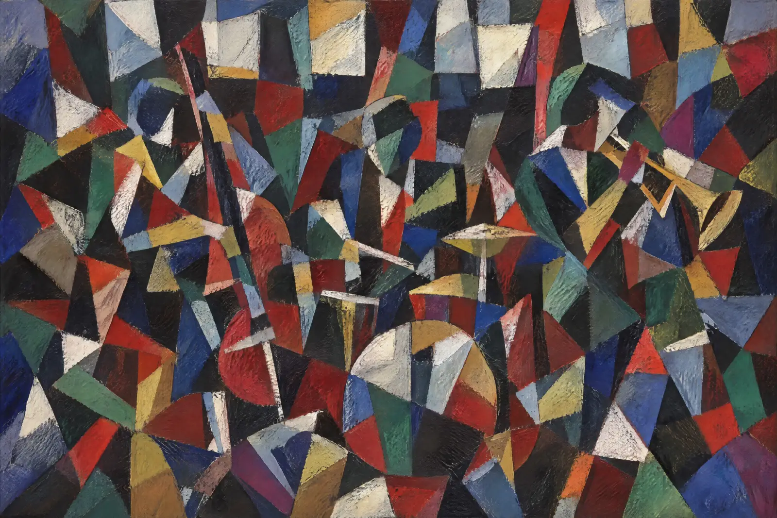 Landscape-format artwork of musicians fragmented into interlocking geometric shapes. A tall reddish string instrument stands on the left, a drummer sits behind a round bass drum and cymbals in the centre, and a musician plays a yellow brass instrument on