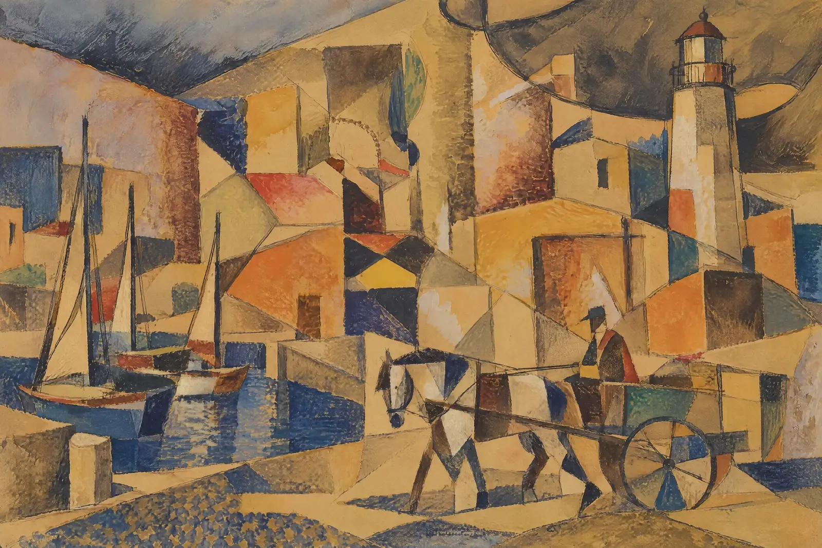 Landscape-format harbour scene in angular, textured shapes. A pale horse pulls a cart with a seated driver across the foreground, while sailboats with tall dark masts rest in blue water on the left. Ochre buildings fill the middle ground, and a lighthouse