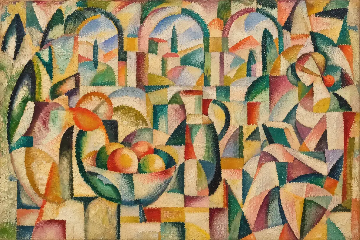 Landscape-format artwork in a Cubist-style arrangement of textured colour planes. A seated figure on the right inclines their head towards a foreground still life of rounded fruit in a broad bowl, with a tall vessel at the left and a handled jug near the