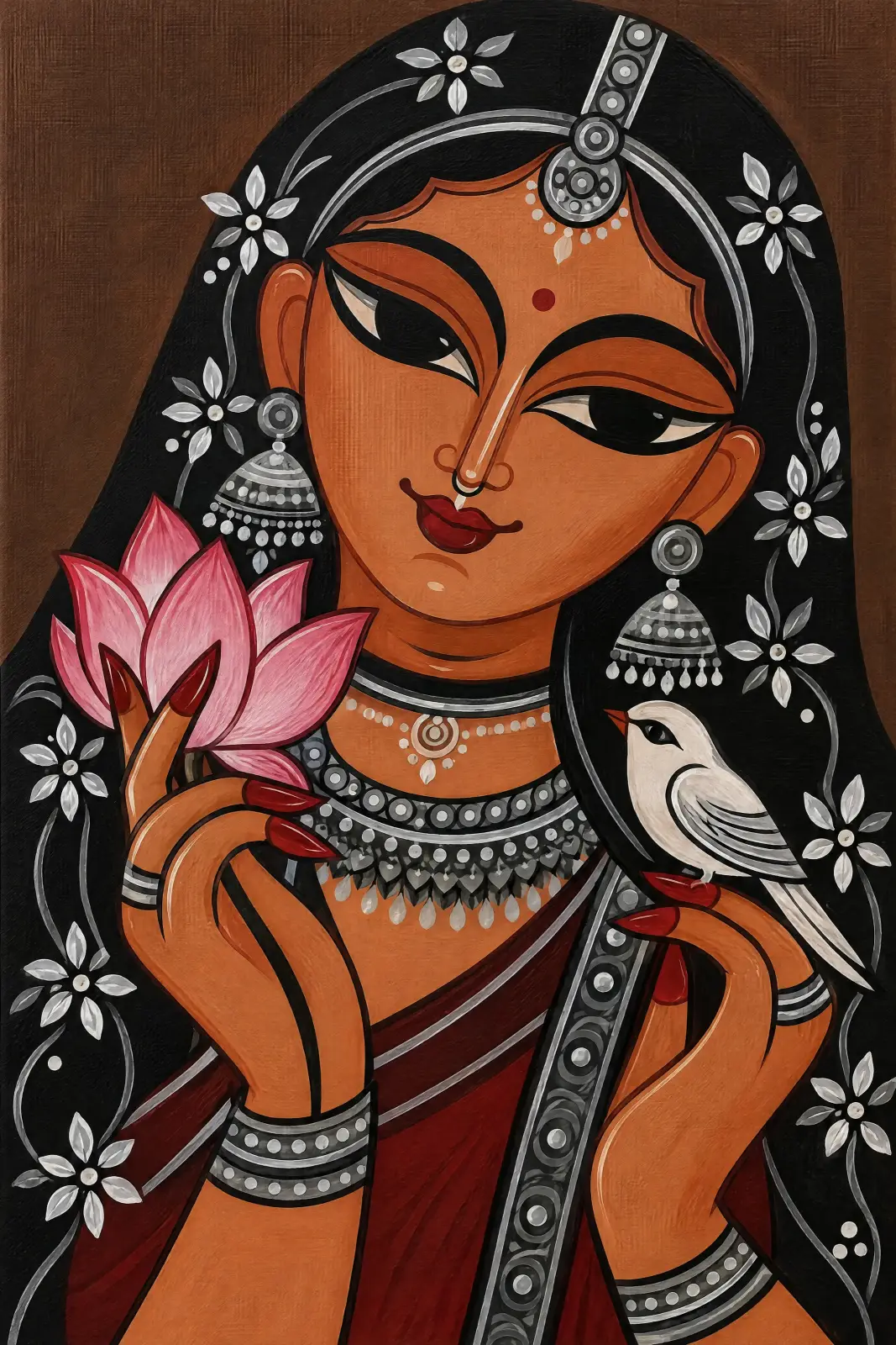 Vertical stylised portrait of a woman with a tilted head, large almond-shaped eyes and a red bindi. She holds a pink lotus on the left and a white bird perched on her fingers on the right. Her terracotta-coloured face and hands contrast with a black veil