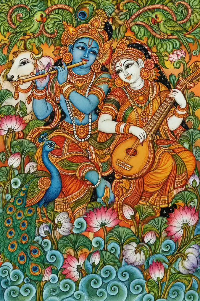 Portrait-format devotional artwork showing blue-skinned Krishna playing a flute on the left, beside a richly dressed companion playing a long-necked stringed instrument on the right. Both wear elaborate crowns, jewellery and patterned garments. A white co