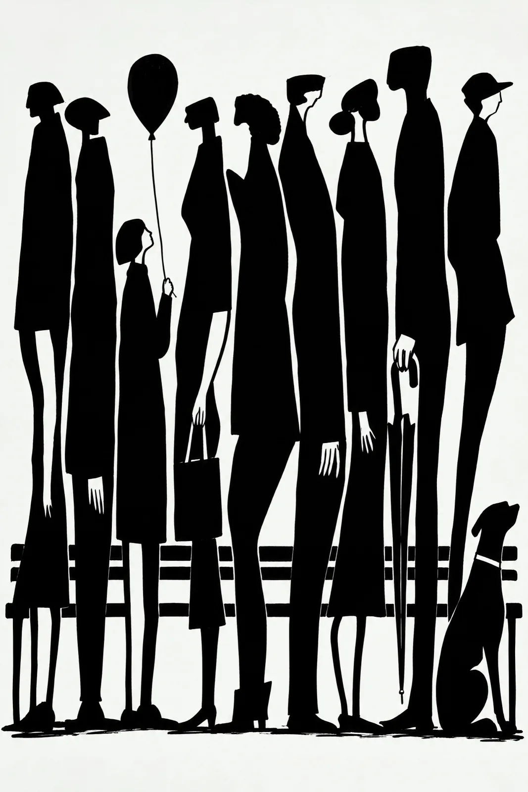 Black-and-off-white illustration of nine unusually tall, slender figures arranged in a row in front of a slatted bench. A small child looks up while holding a black balloon; other figures carry a bag and a closed umbrella. White cut-out details pick out f