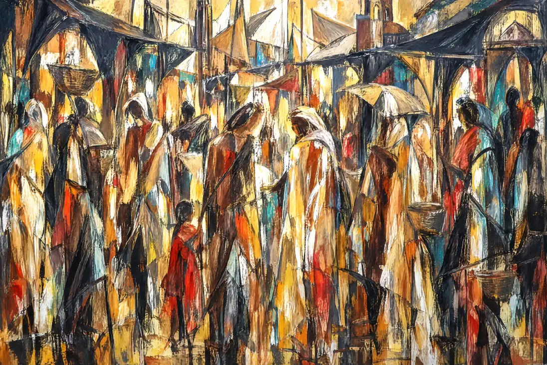 Landscape-format artwork of a busy market lane filled with tall, loosely defined figures in cream, yellow, brown and red draped clothing. A small child in red stands near the lower centre-left. Baskets, a rounded canopy and overlapping dark awnings punctu