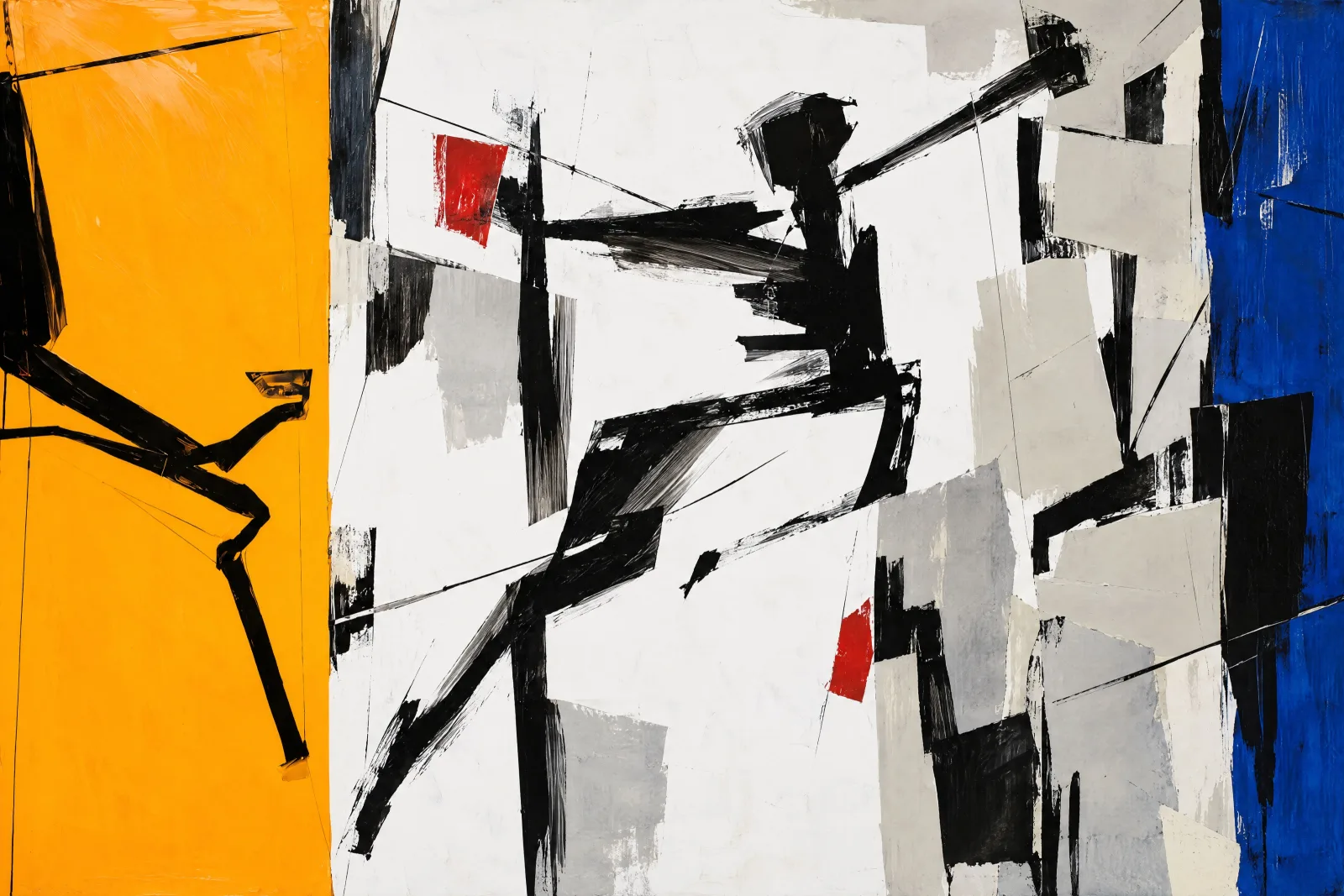Landscape abstract artwork with a wide golden-yellow band at left and a narrower deep-blue band at right. Across the white centre, jagged black strokes and thin diagonal lines intersect pale grey and off-white blocks. Small red patches appear above left o