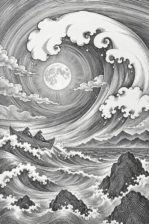 Black-and-white vertical illustration of an enormous curling wave surrounding a full moon crossed by wisps of cloud. Two figures wearing hats sit in a small boat on the left, dwarfed by the sea. White foam breaks around dark, closely lined rocks in the fo