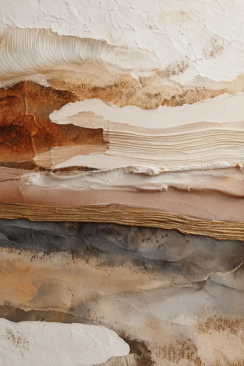 Portrait abstract artwork with uneven horizontal bands of ivory, beige, rust brown, muted pink and charcoal grey. Fine curved grooves sweep across the pale upper layers, while a slender gold-toned ridged strip runs above a dark band in the lower half. Rou