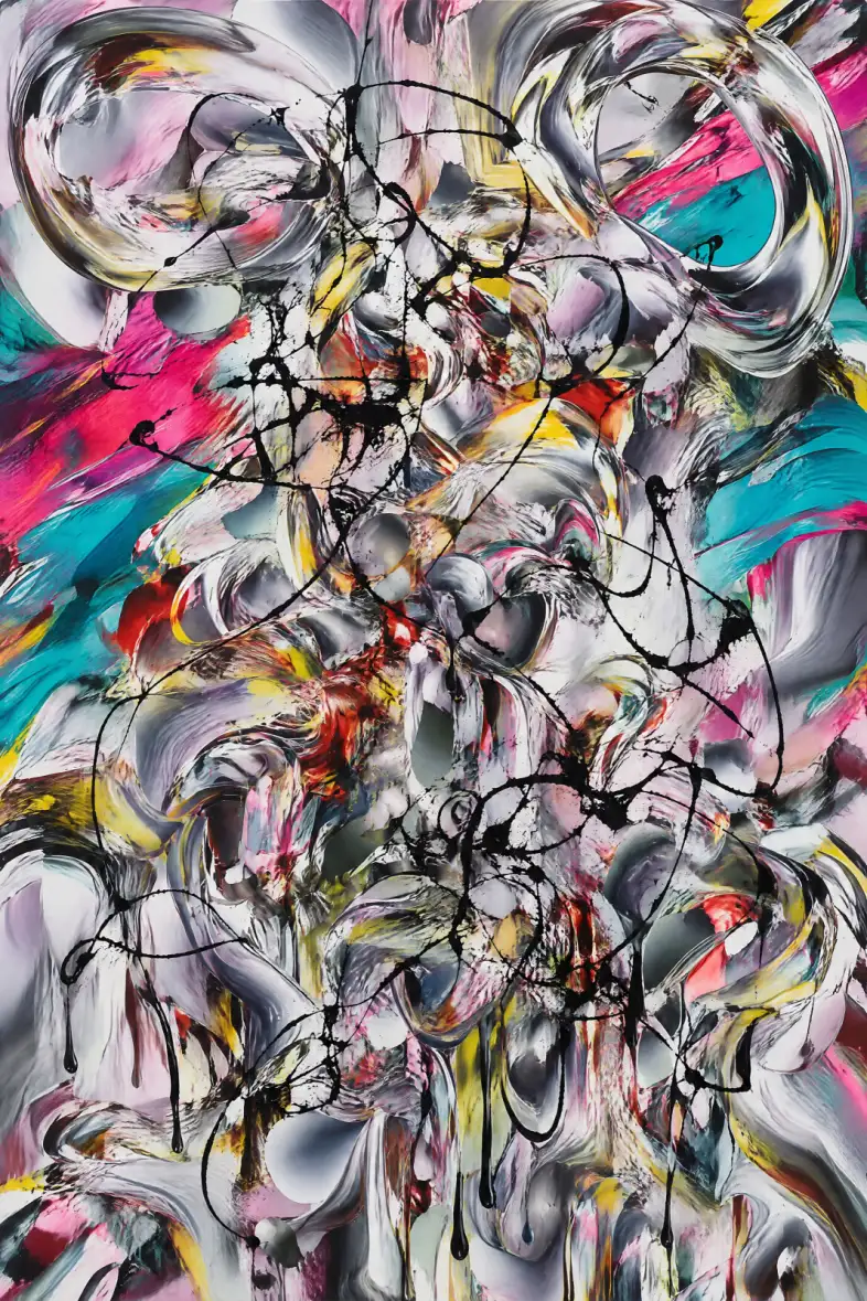 Portrait-format abstract artwork filled with overlapping grey, white and black curls. Bright pink and turquoise diagonal sweeps enter from the sides, with smaller yellow and red accents scattered throughout. Thin black looping lines, splashes and long dri