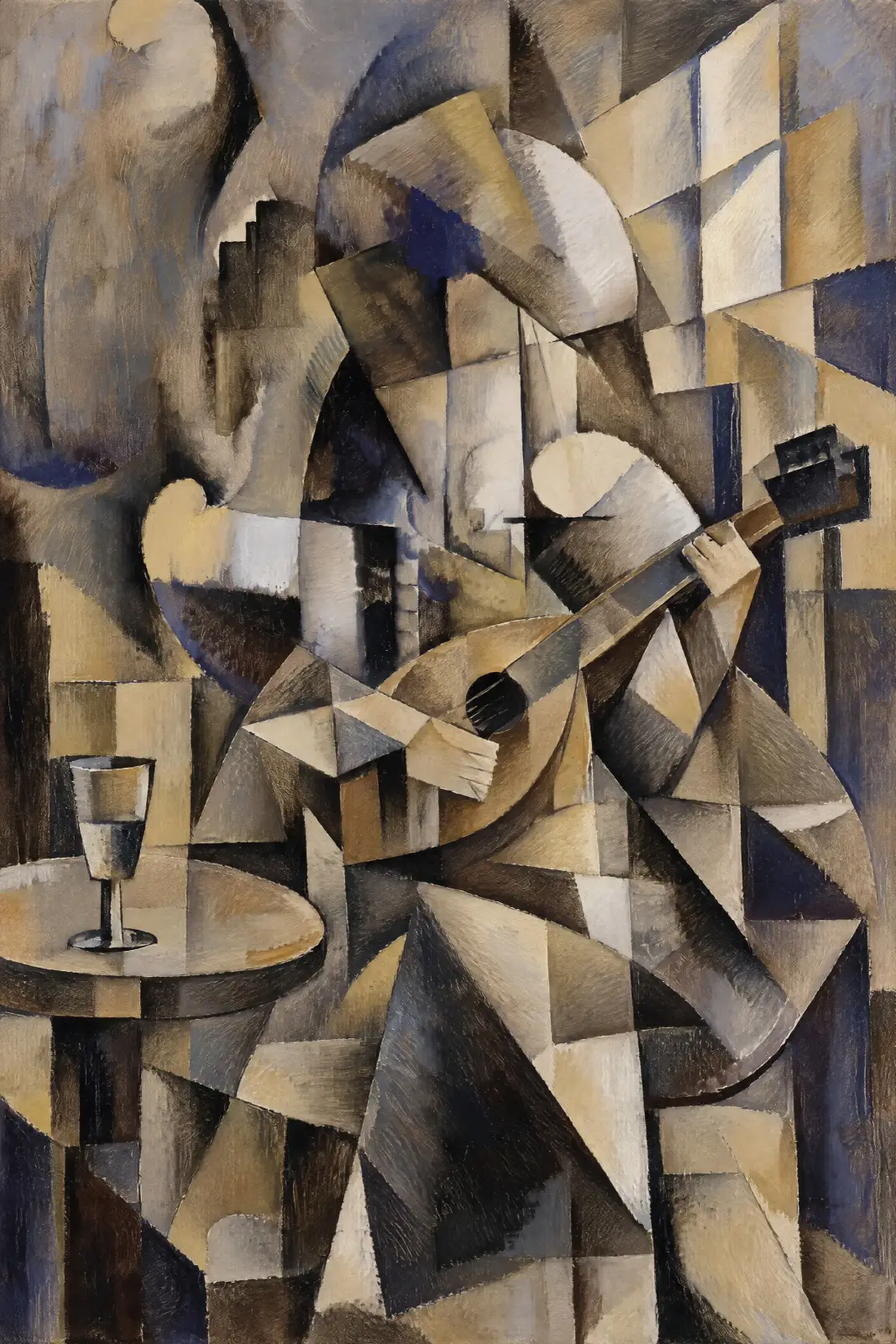 Portrait-format cubist-style composition of a seated musician playing a rounded string instrument, its neck angled towards the upper right. Pale hands stand out against overlapping angular shapes in cream, ochre, grey, brown, charcoal and deep blue. A ste