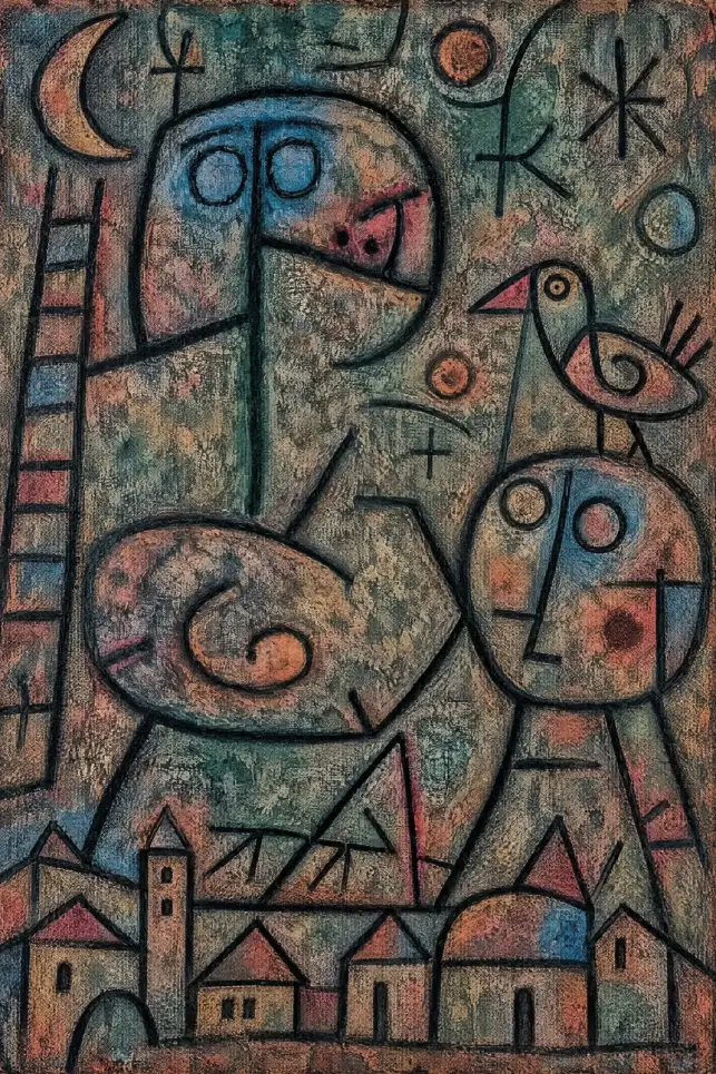 Portrait-format artwork with heavy black outlines over a mottled grey-green ground. A tall abstract face fills the upper left, a large spiral sits below it, and a round face occupies the lower right. A small bird perches above the round face. A crescent m